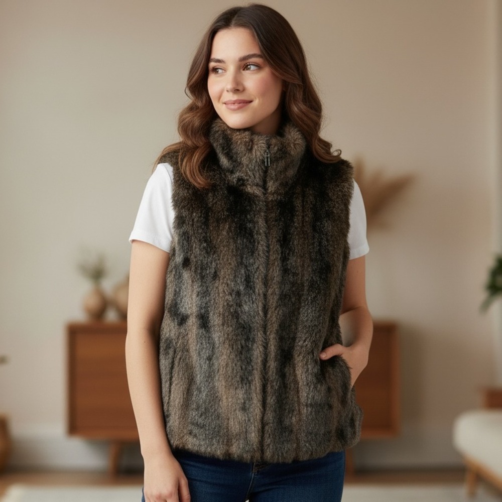 Faux Fur Brown Vest with Stand Collar